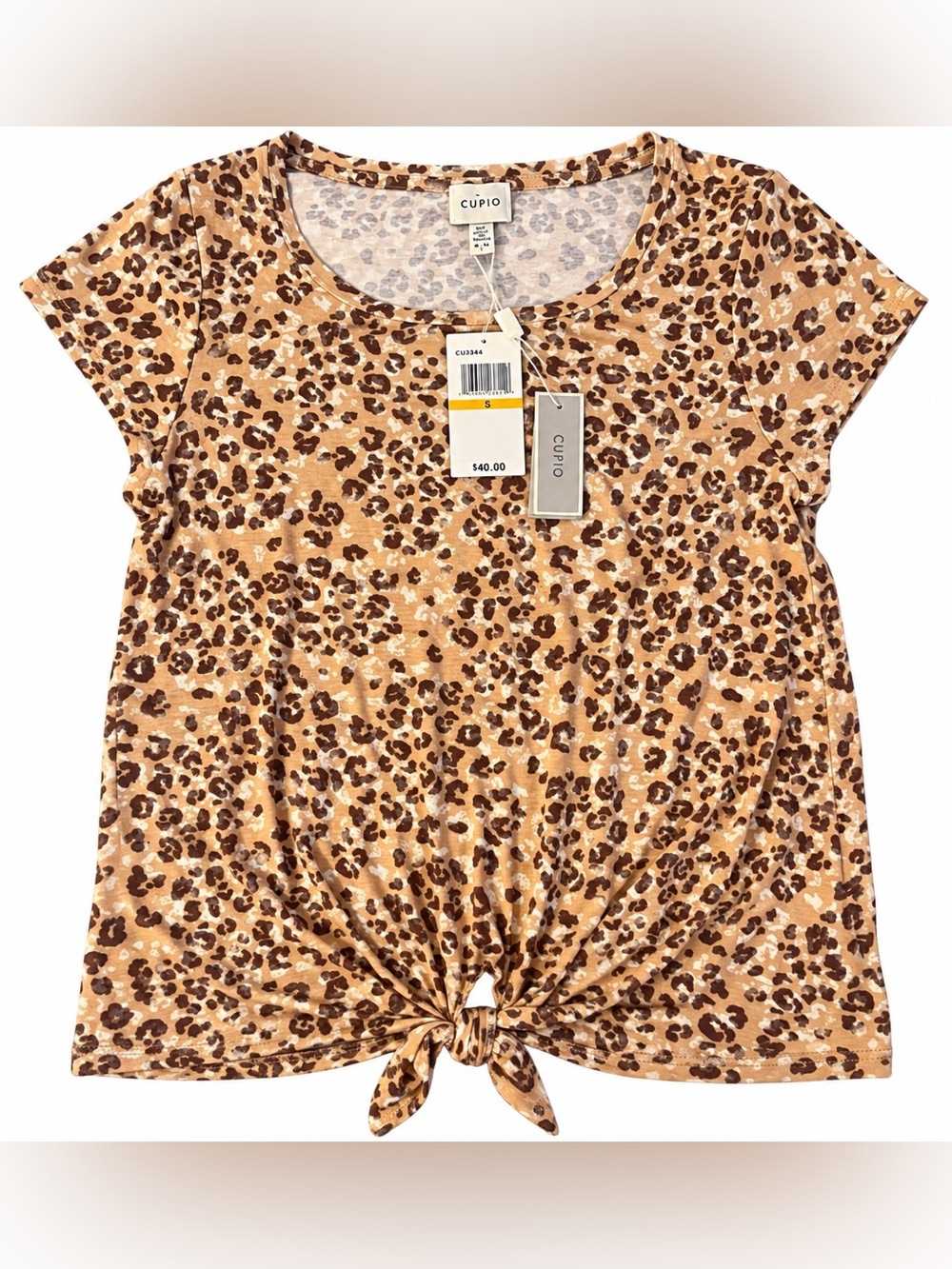 Cupio Tan Leopard-Print Short Sleeve Tie Front Tee